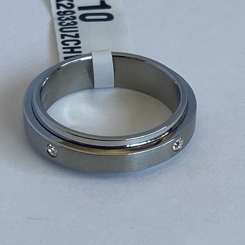 Men’s Spinner Ring Stainless Steel Silver w/ CZ Fidget Band Size 10